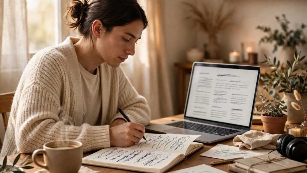 Editorial photo of a creator writing a newsletter at a desk