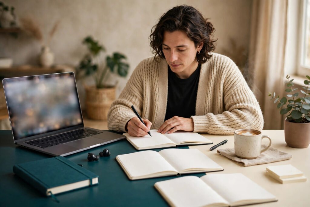 Photorealistic photo of a creator planning a digital product at a desk.