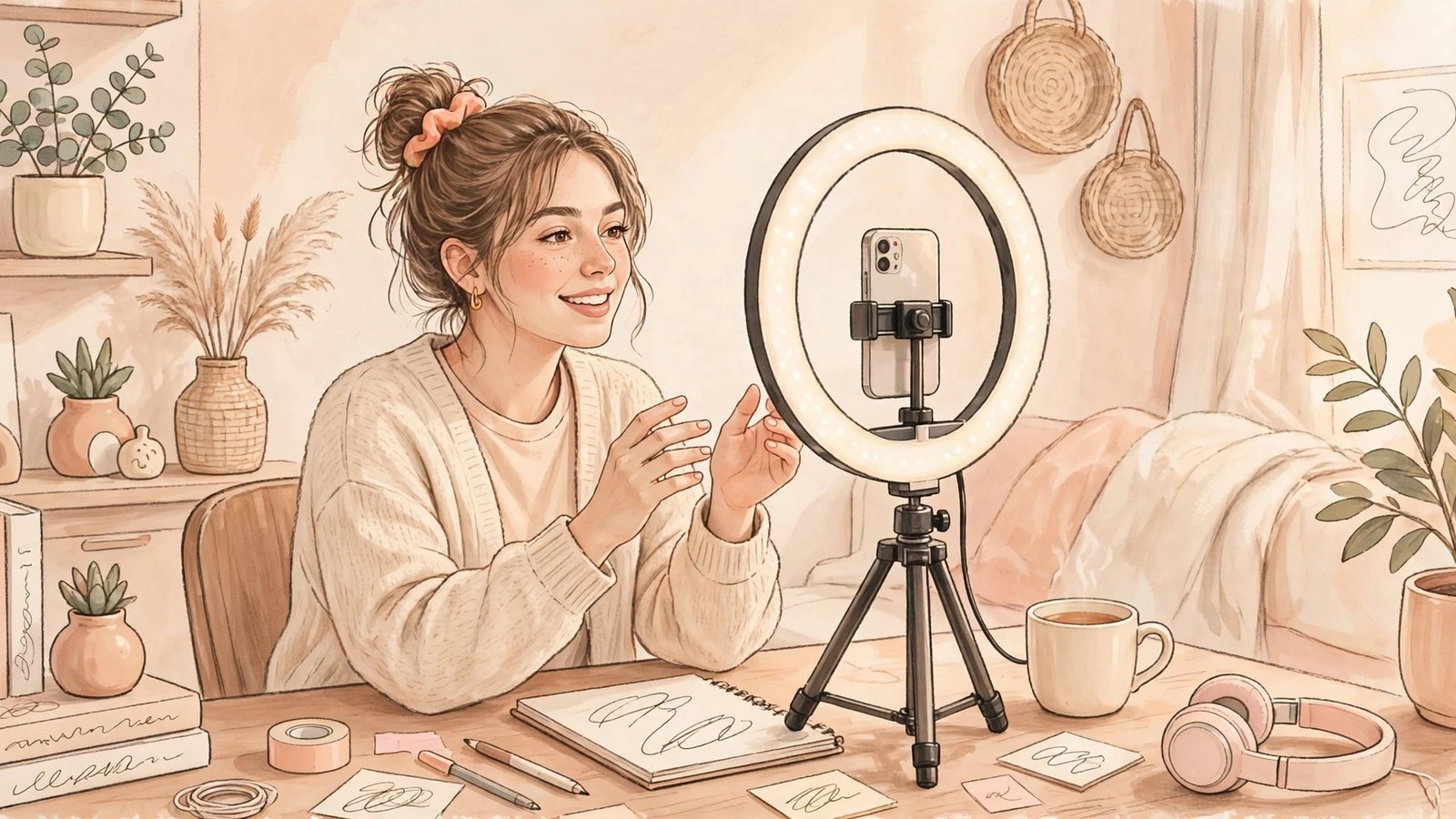 Micro-influencer filming a short video at home with a phone tripod and ring light