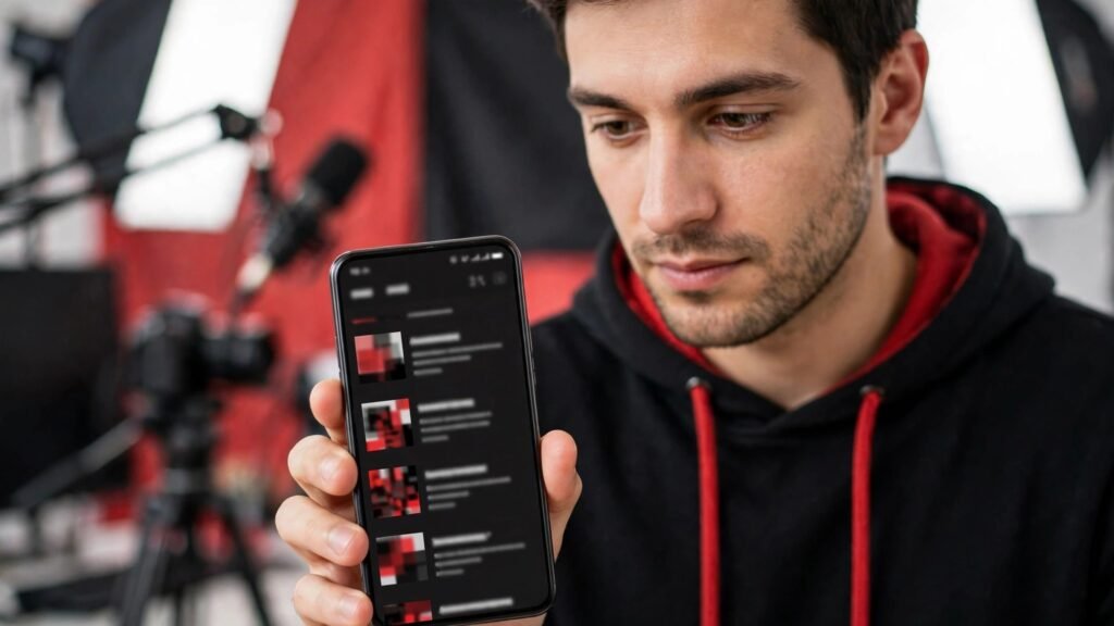 Creator checking a YouTube thumbnail at phone size