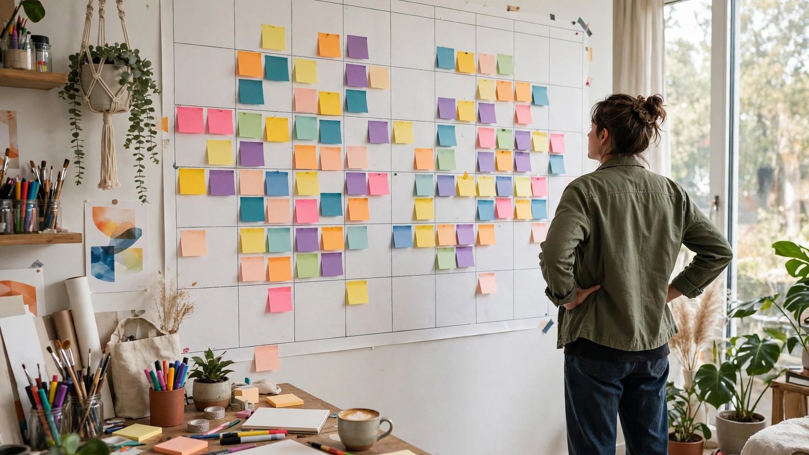 Creator planning a month of content on a wall calendar
