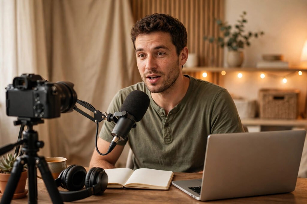Photorealistic photo of a course creator recording a lesson in a home studio