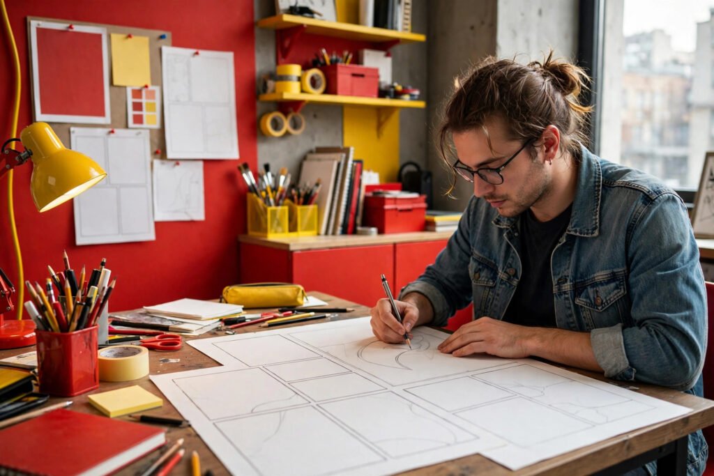 Photorealistic photo of a creator sketching comic panels at a desk