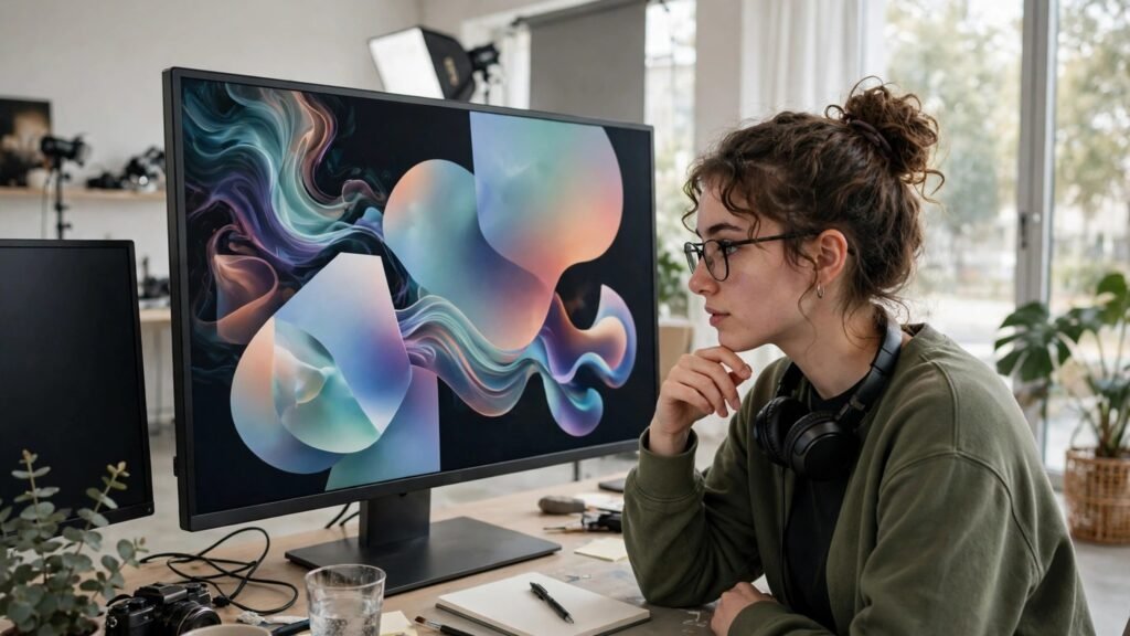 Creator reviewing AI generated video clips on a large monitor in a bright studio
