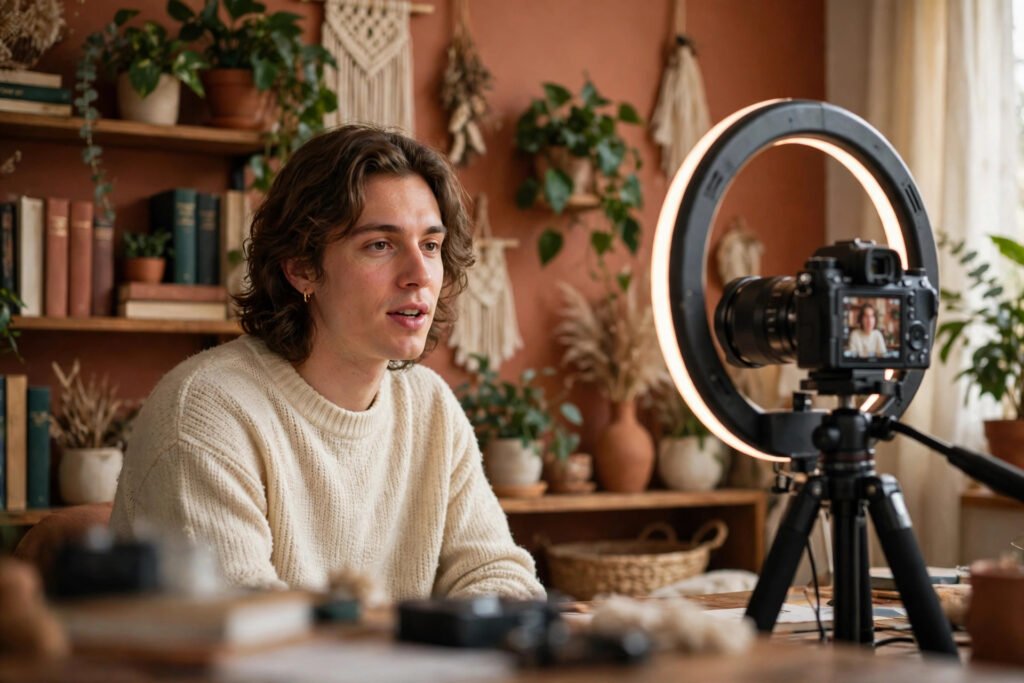 Photorealistic photo of a creator recording a video in a home studio