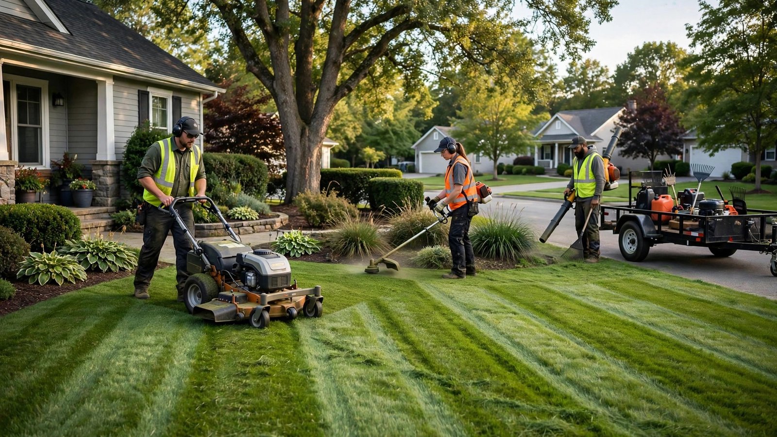 Crew mowing a tidy residential yard