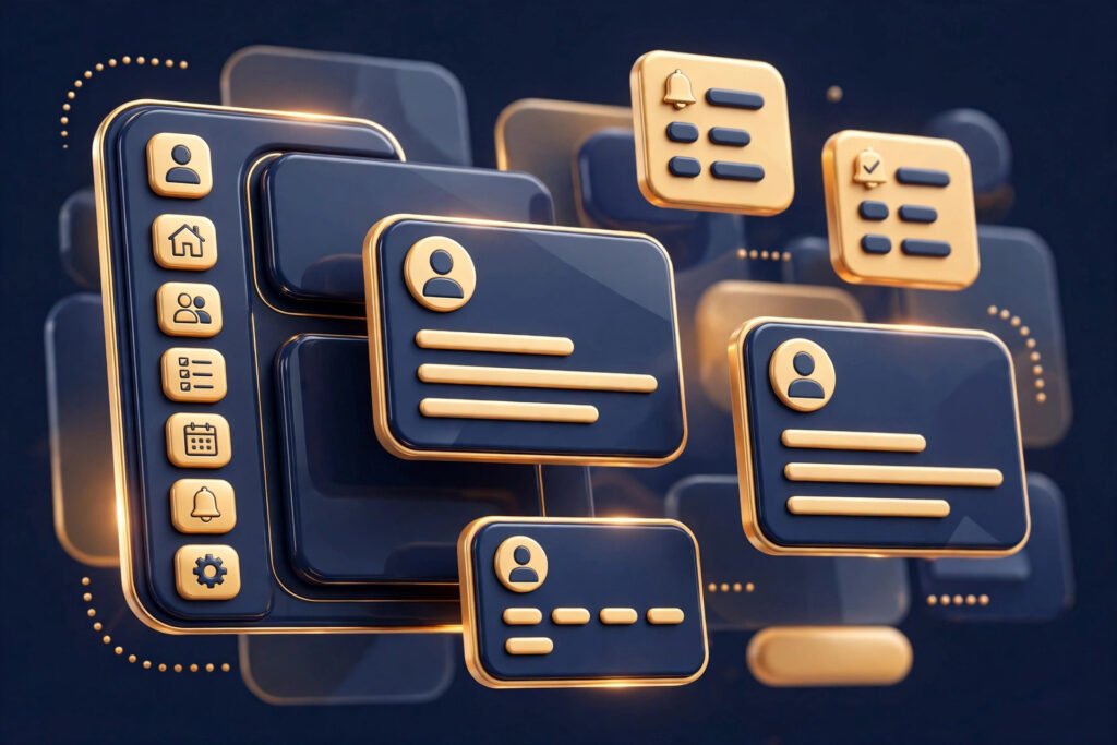 3D render of an advisor CRM dashboard with client cards
