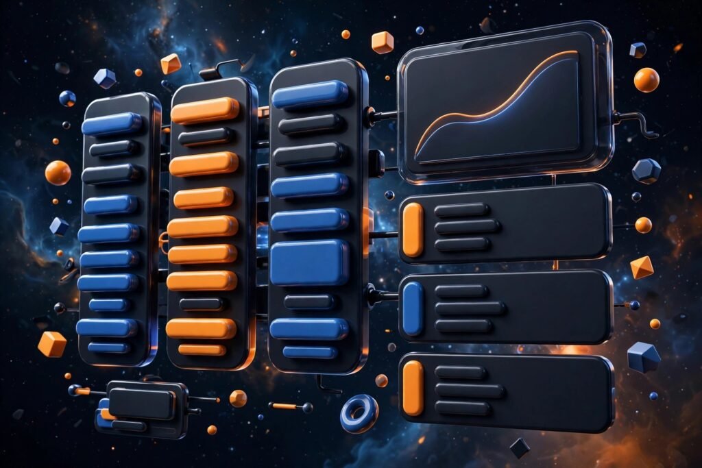 3D render of a CRM dashboard with pipeline and forecast panels