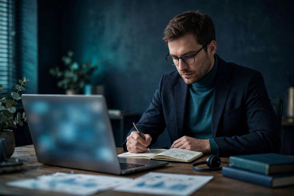 Editorial photo of an investor studying long term crypto trends in an office