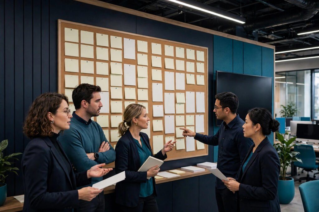 Photorealistic photo of a customer success team reviewing at risk accounts
