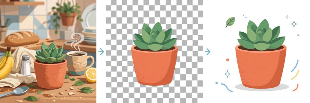 Flat vector illustration of a background removal workflow from photo to listing