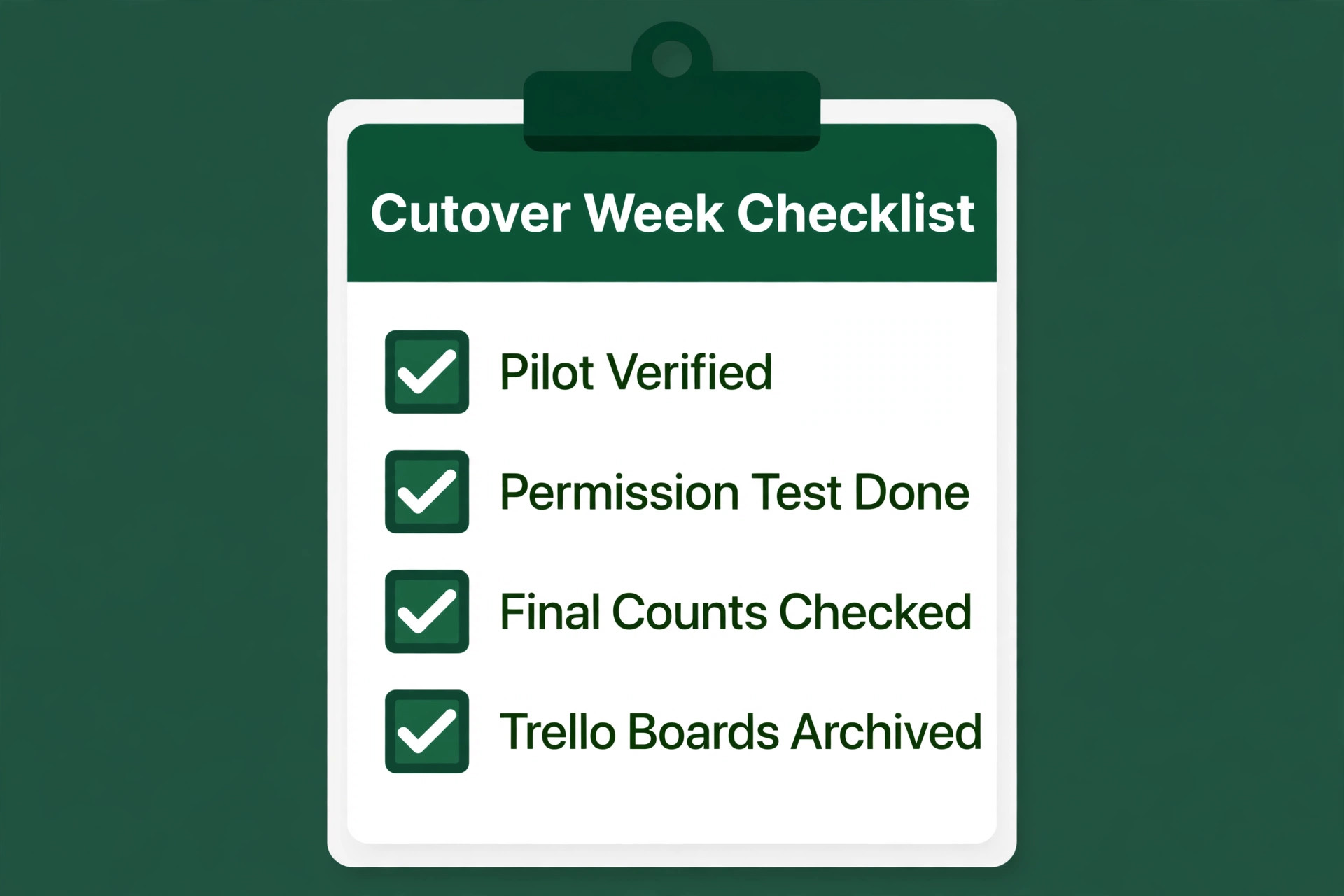 Cutover week checklist for Trello to ClickUp migration