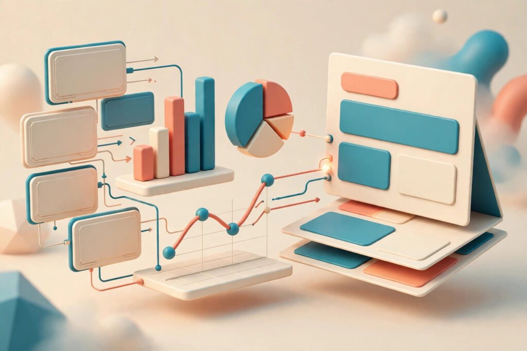 3D render of a data dashboard with charts feeding into slides