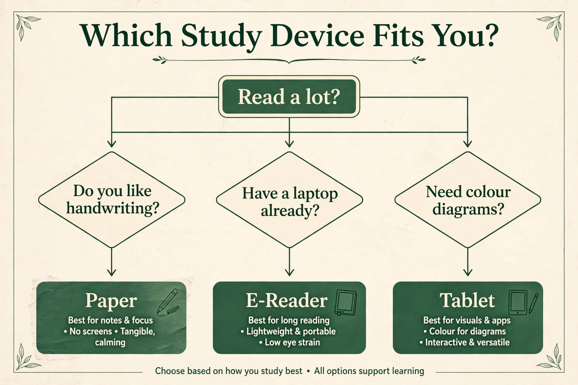 Decision flowchart for choosing Kindle Scribe for study