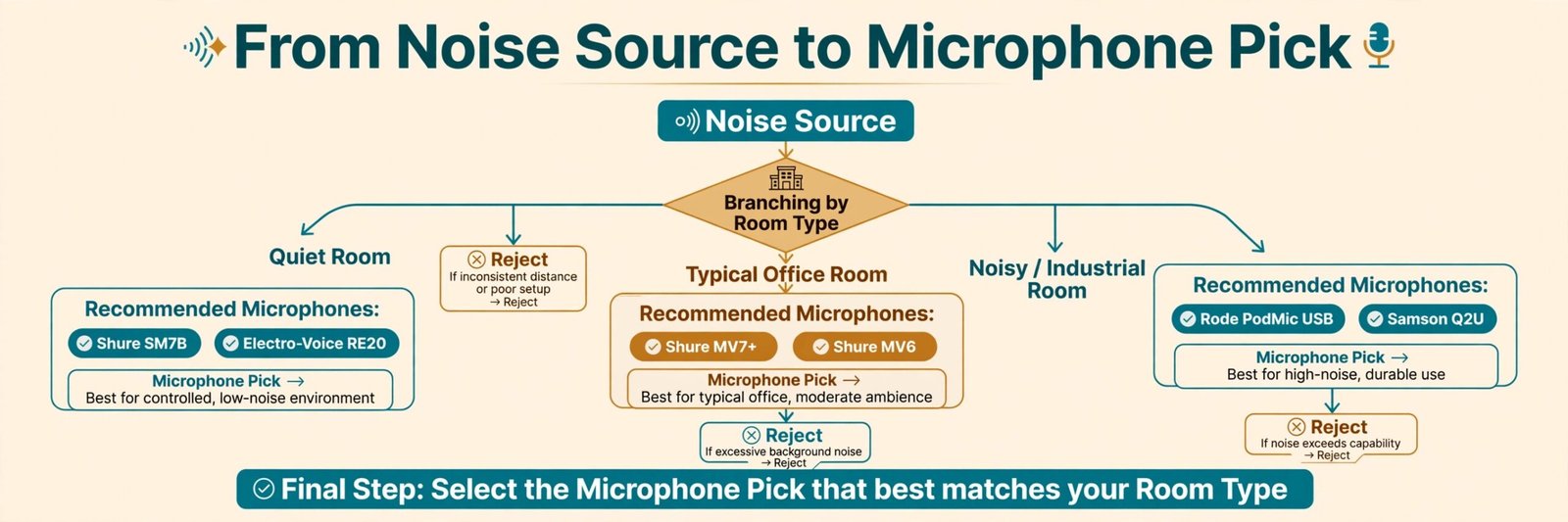 Microphone decision flowchart by room type and noise source