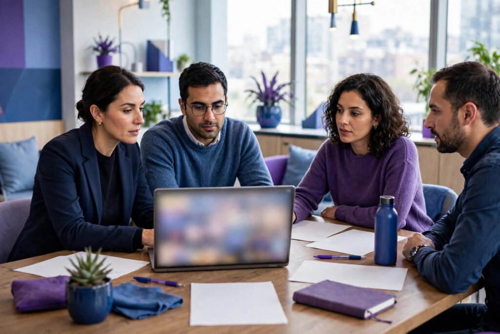 Editorial photo of a manager reviewing a team chat choice with colleagues