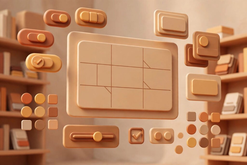 3D render of a design system library with floating UI components