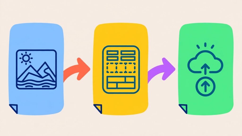 Flat vector illustration of a design workflow with image and template icons