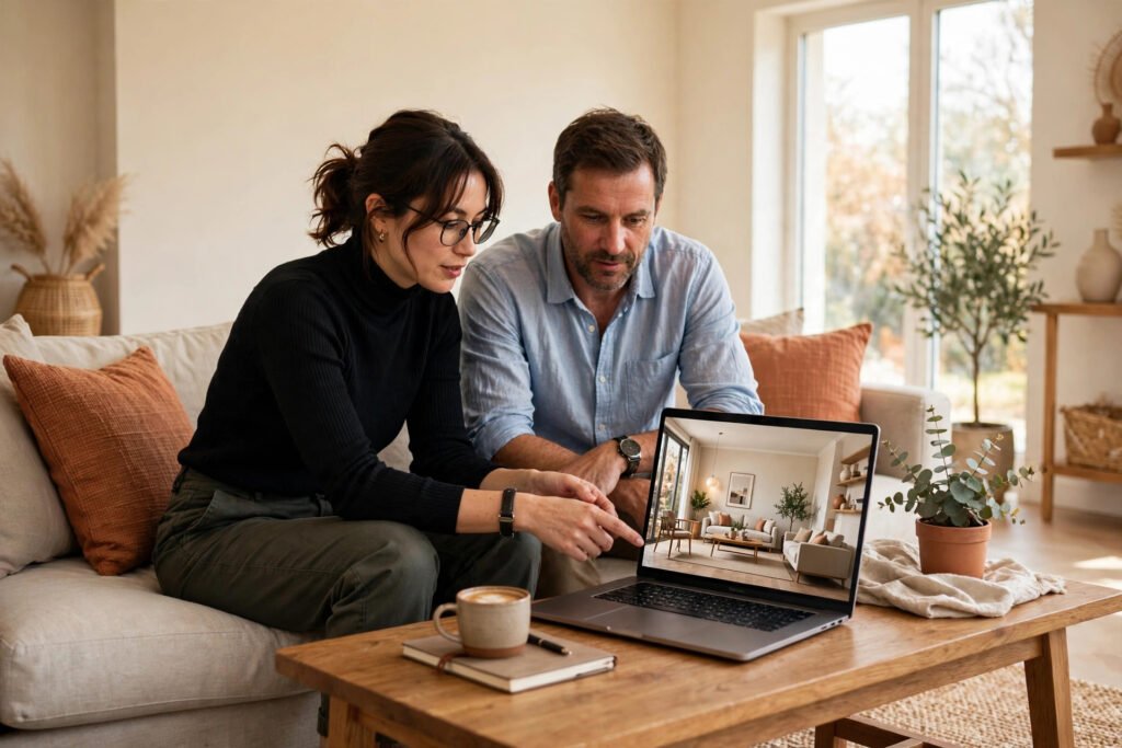 Designer and client reviewing a large room render in a bright living room