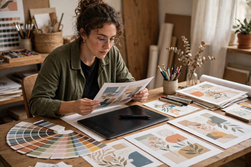 Photorealistic photo of a graphic designer reviewing printed posters in a studio