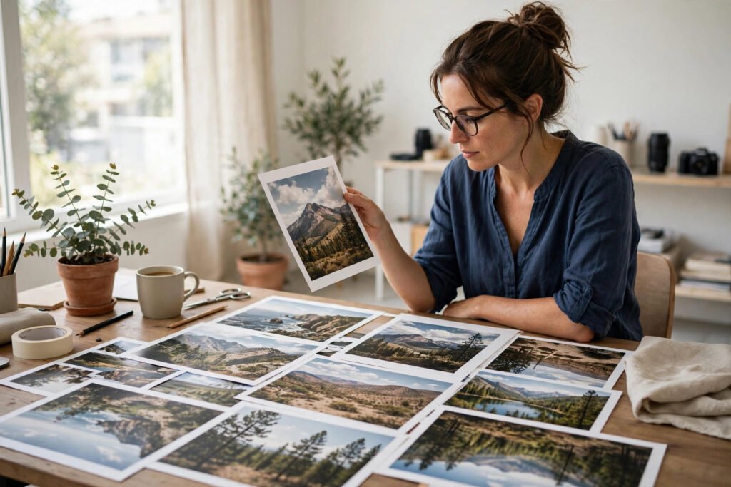 Designer reviewing printed image proofs at a desk