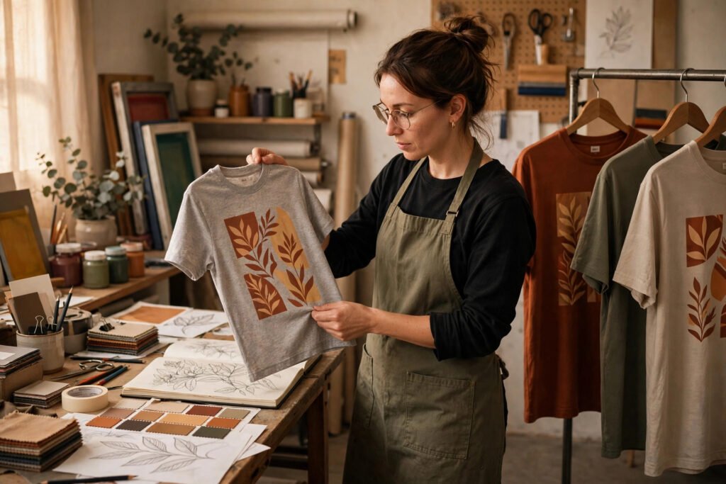 Photorealistic photo of a designer reviewing printed shirts in a studio