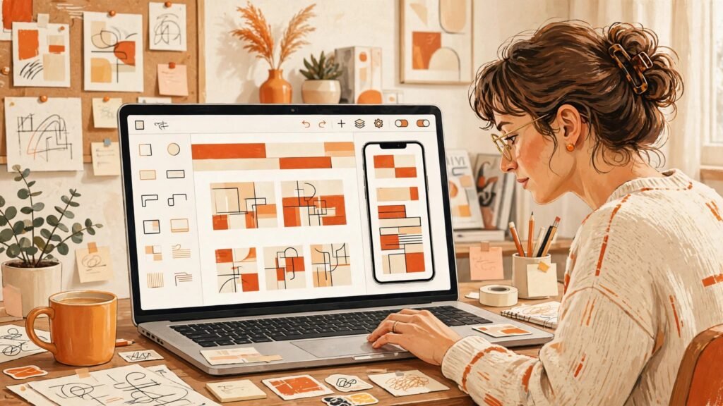Designer building a website in a visual no-code editor