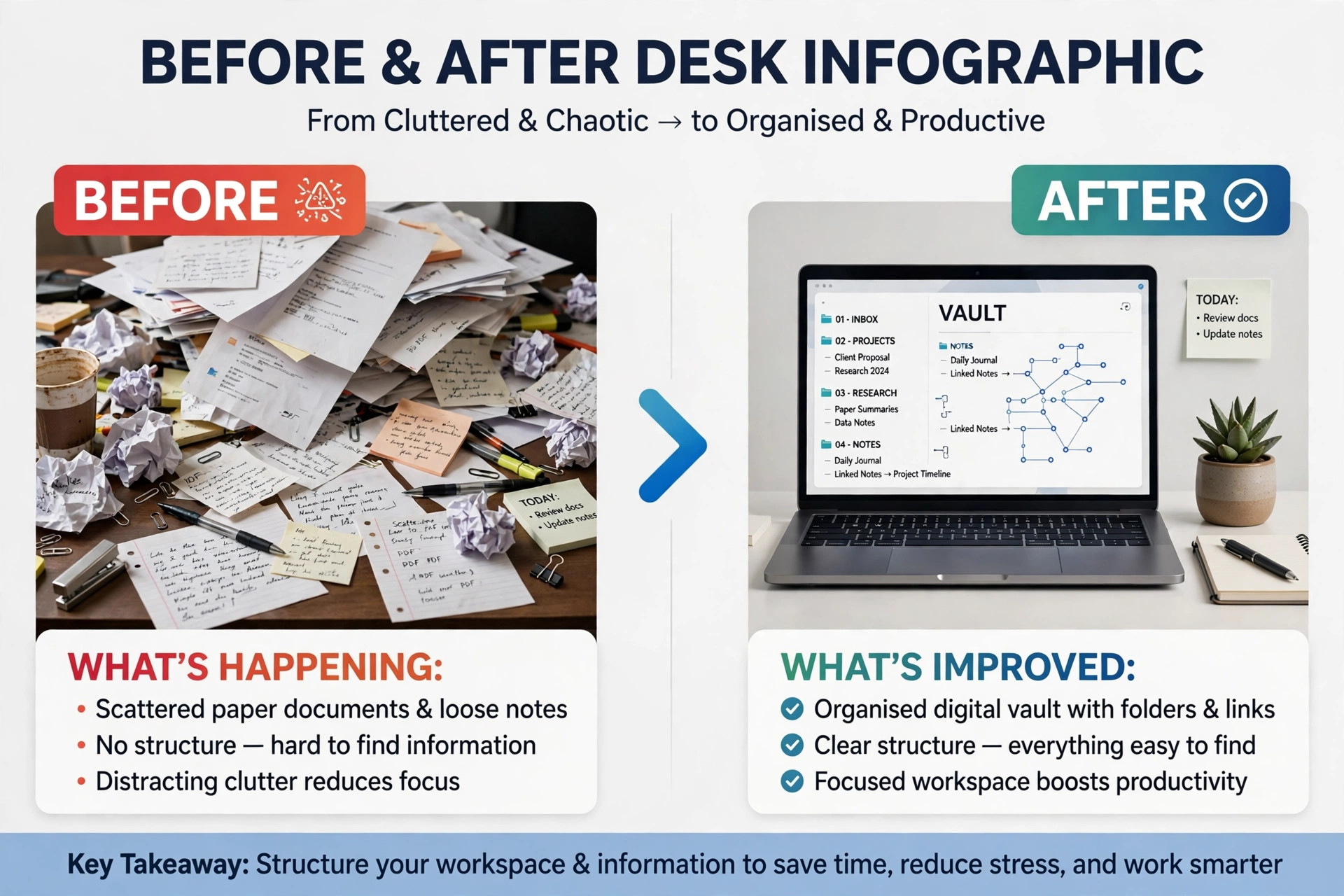 Before and after view of scattered papers versus organised vault