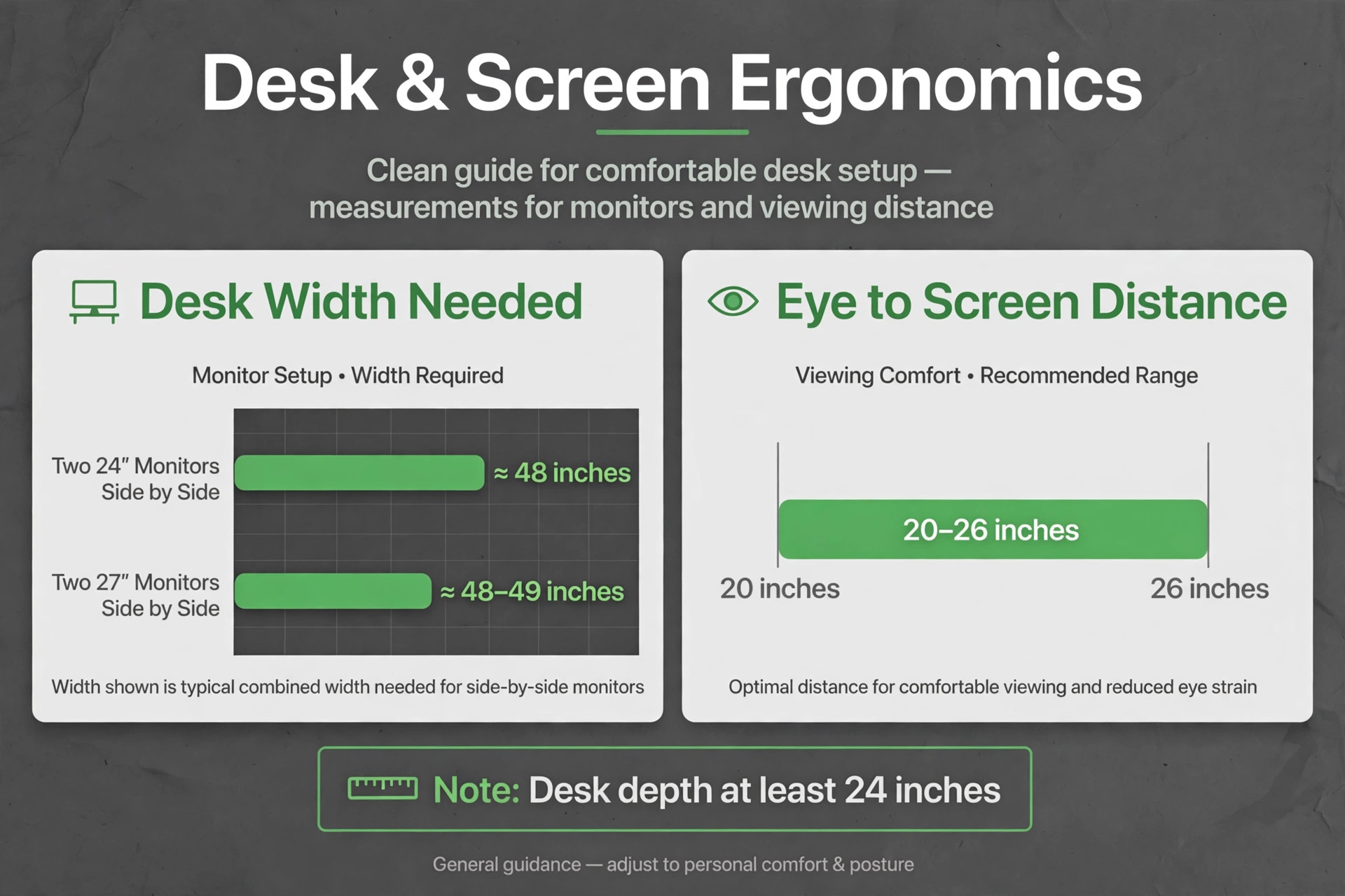 Data visual of desk width and viewing distance for dual monitors