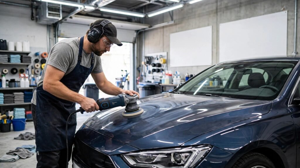 Detailer polishing a car exterior in a shop