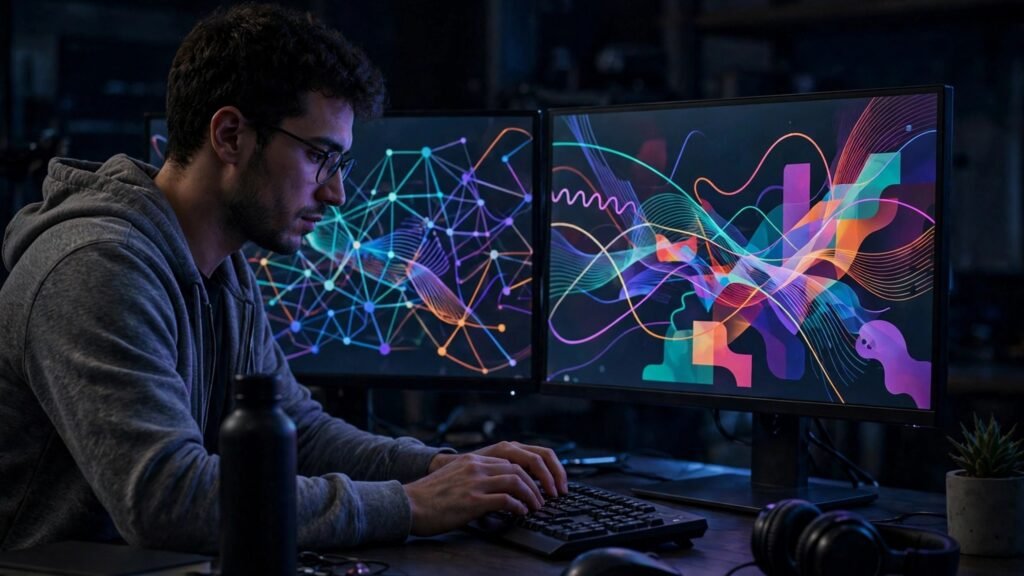 Developer writing code on dual monitors in a dark office