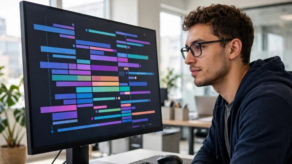 Developer reviewing code on a large monitor in a bright office