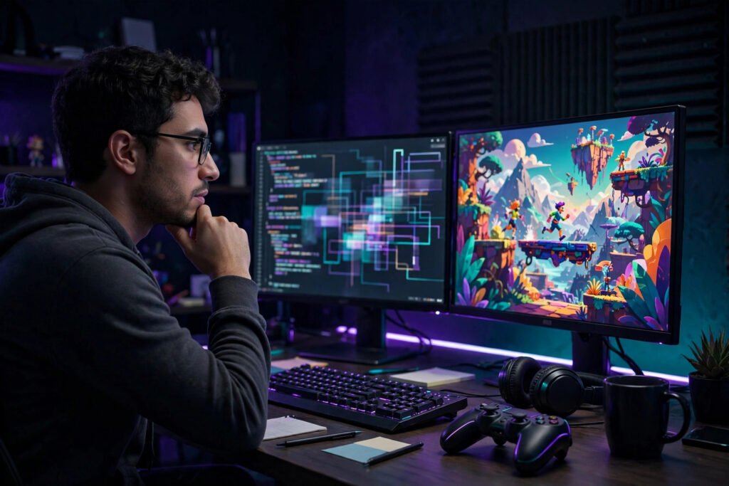 Photorealistic photo of a game developer reviewing code beside a running game