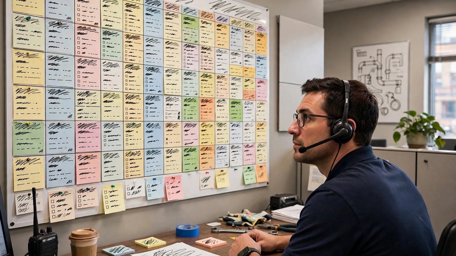 Dispatcher viewing a plumbing schedule in an office