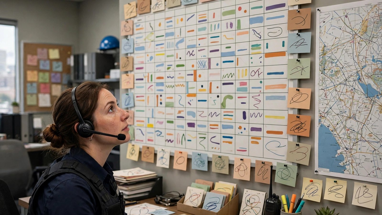 Dispatcher viewing an electrical schedule board in an office