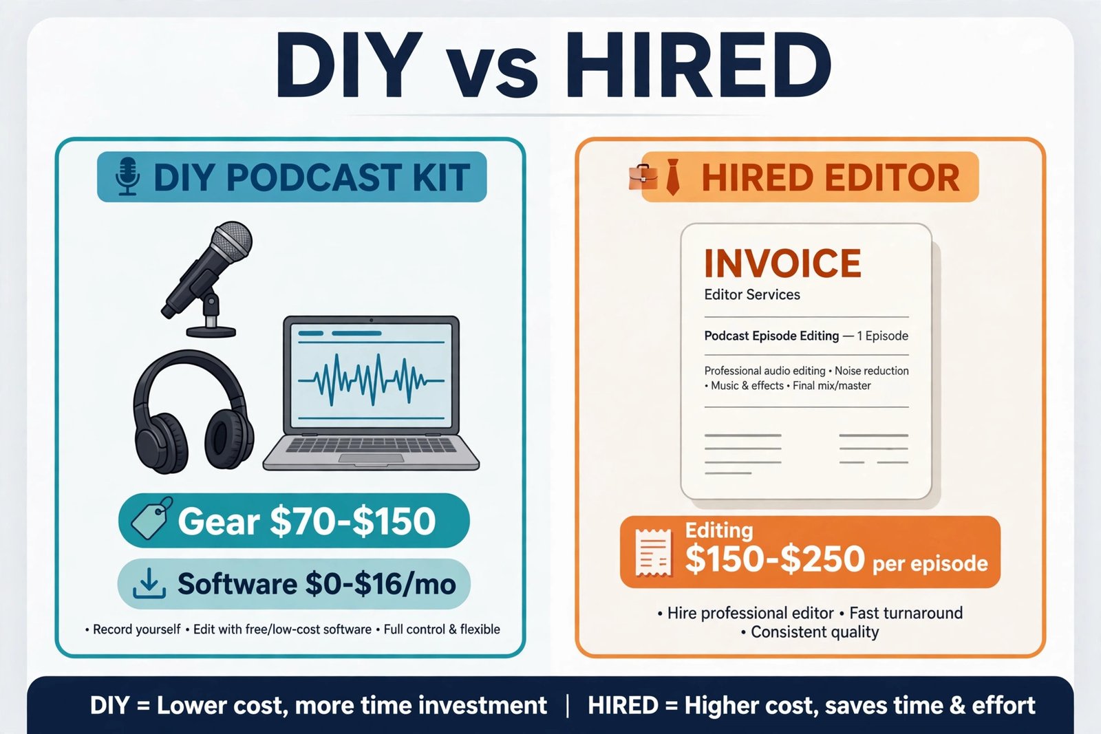 DIY versus hired podcast cost comparison with gear and invoice prices