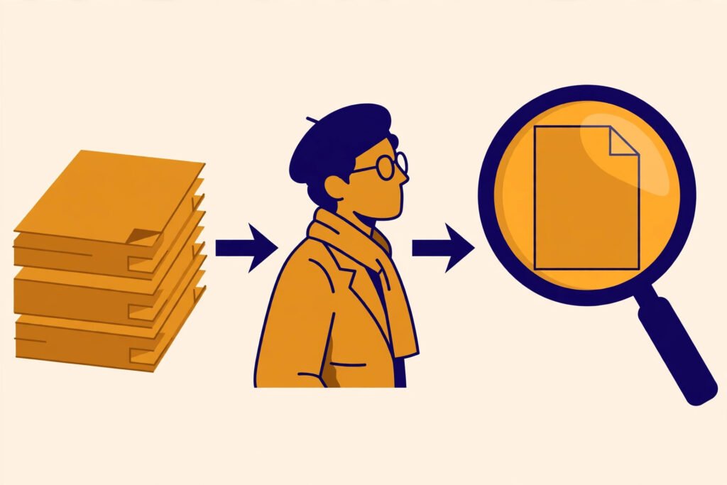 Flat vector illustration of a journalist searching a document collection