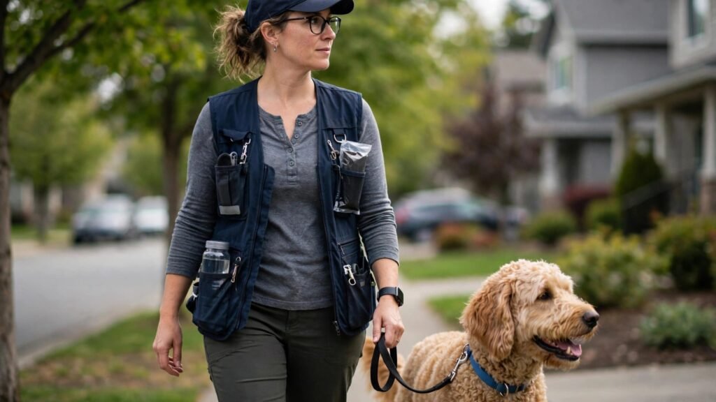Pet sitter walking a dog on a neighbourhood visit
