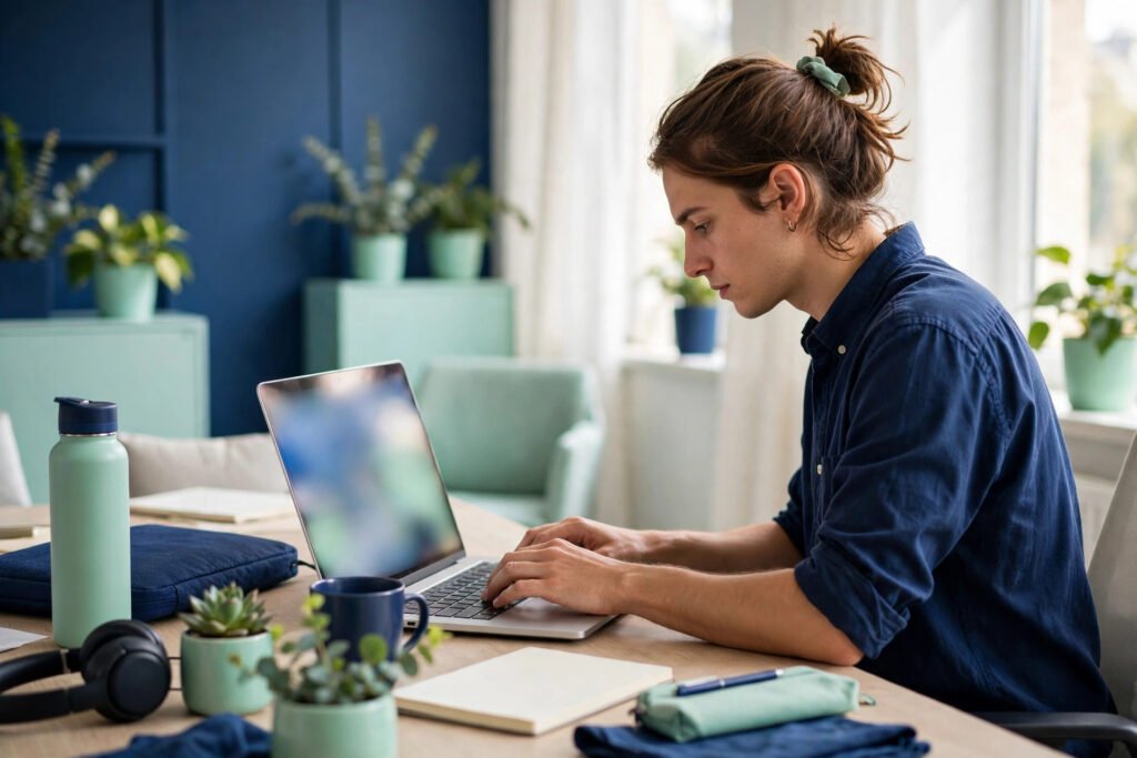 Editorial photo of a person registering a domain name on a laptop