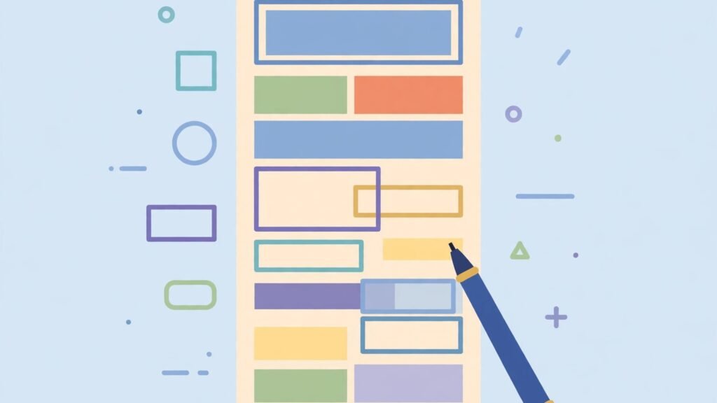 Flat vector illustration of a long document draft with outline blocks