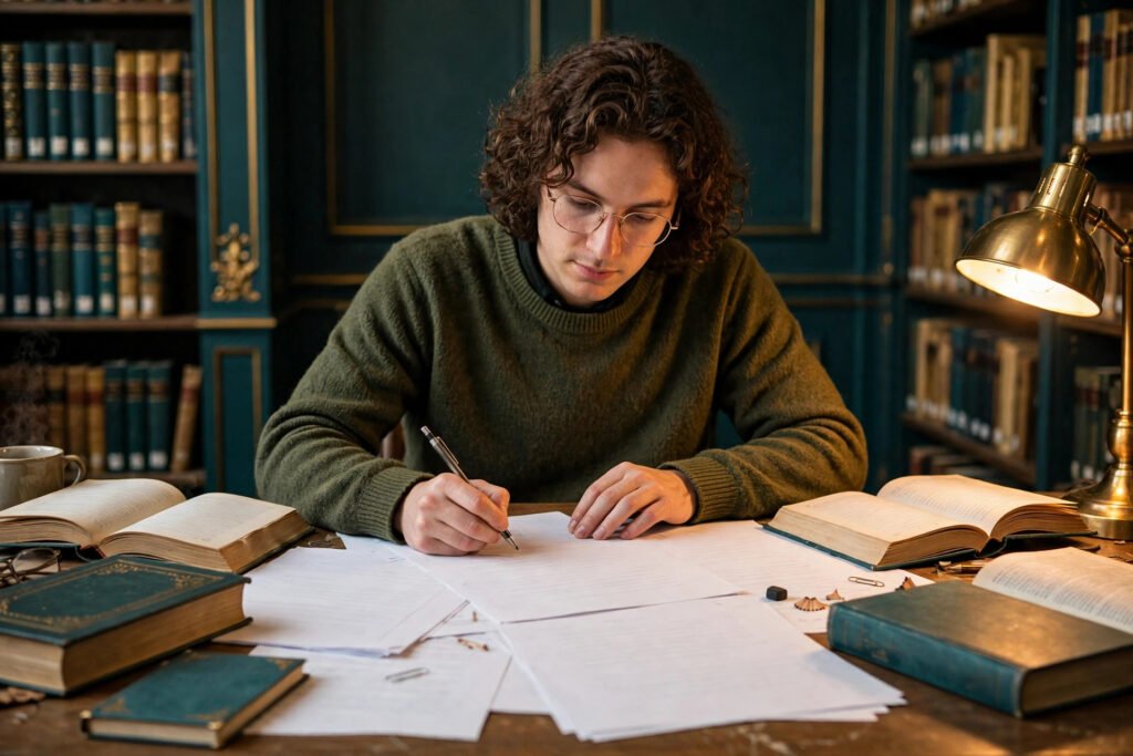 Photorealistic photo of a researcher editing an academic draft at a library desk