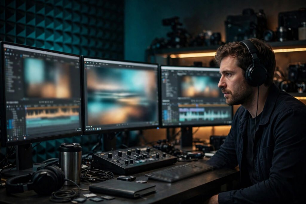 Editorial photo of an editor reviewing dubbed video on a timeline