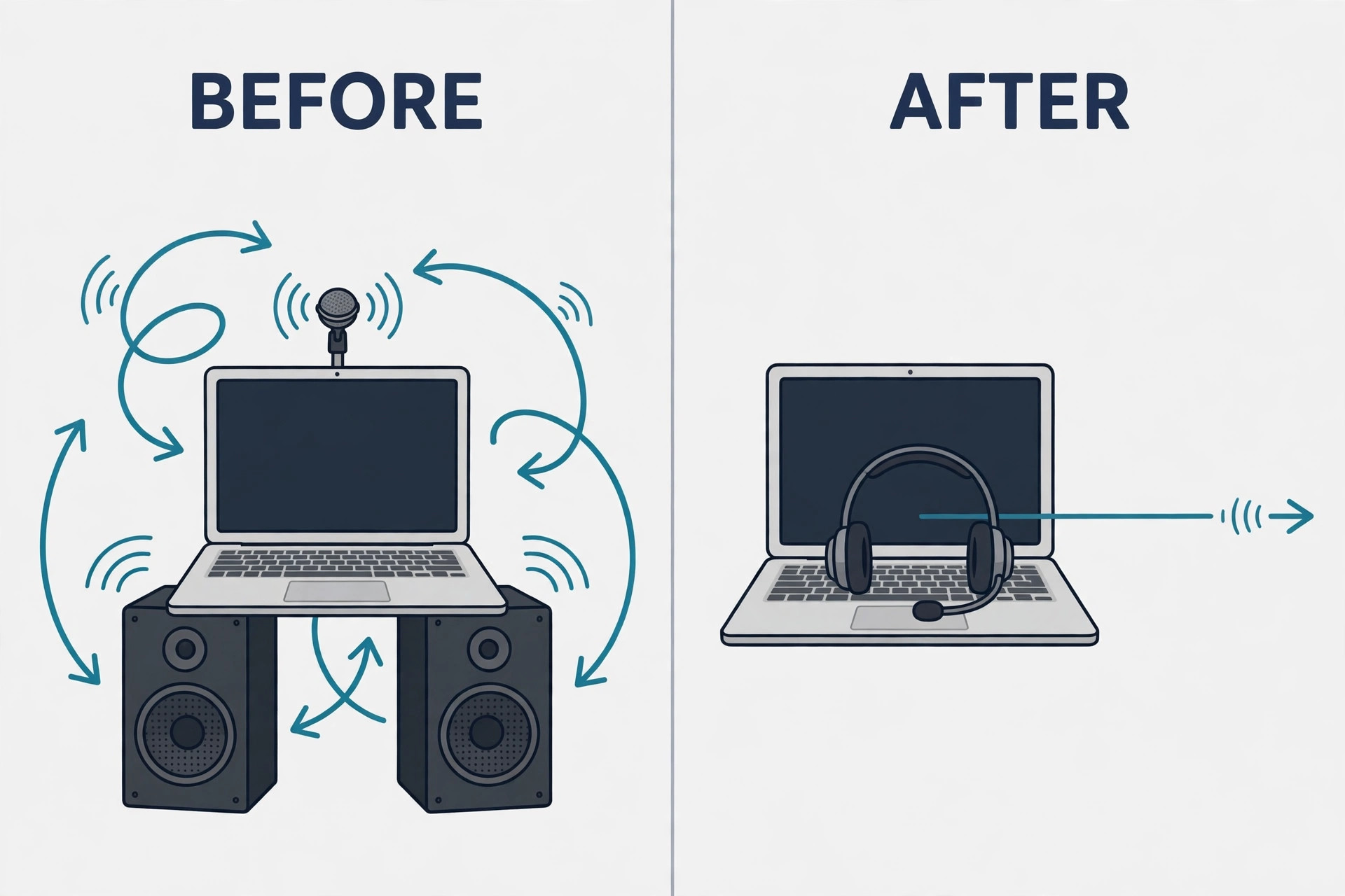 Before and after Zoom echo setup with speakers versus headset