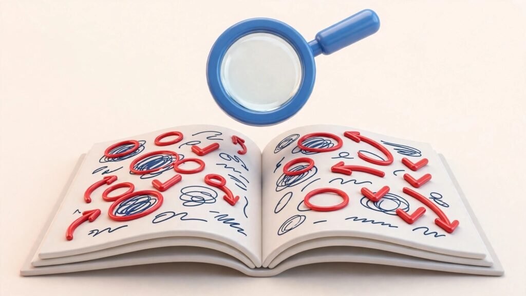 3D render of a manuscript page with editing marks and magnifier