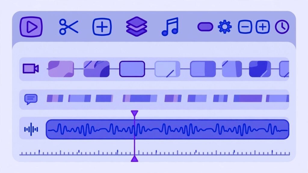 Video editing timeline with clips captions and music