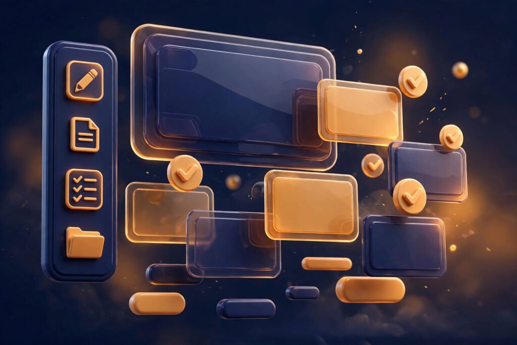 3D render of a writing and editing dashboard with draft cards