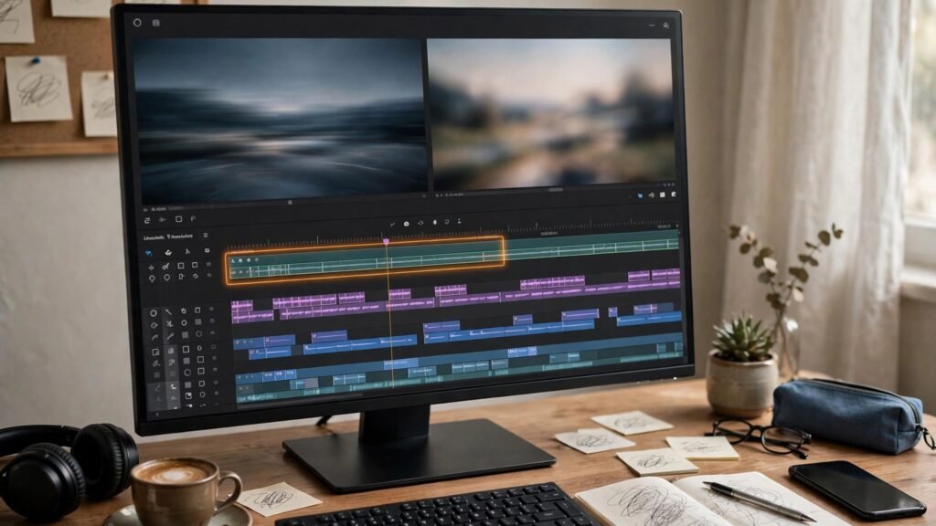 YouTube video editing timeline with captions