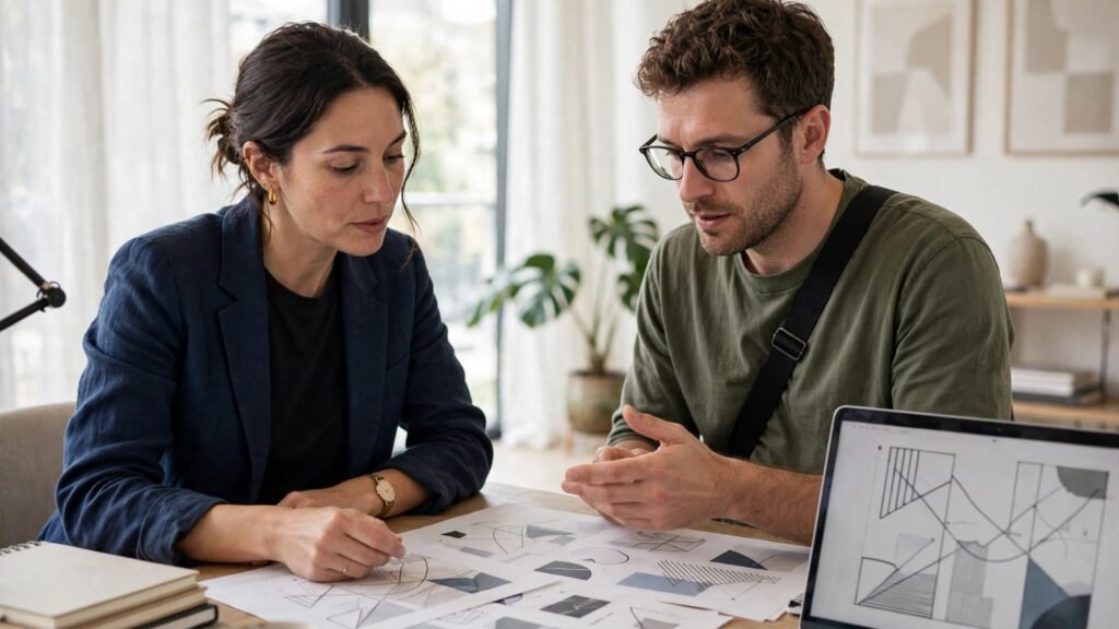 Agency editor reviewing a content brief with a writer in a bright studio