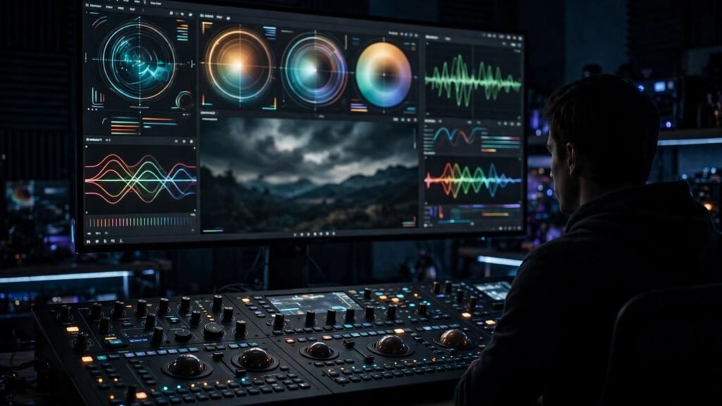 Editorial photo of an editor colour grading video in a dark studio