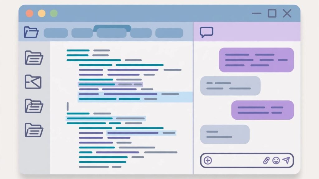 Flat vector illustration of an AI code editor with a chat panel